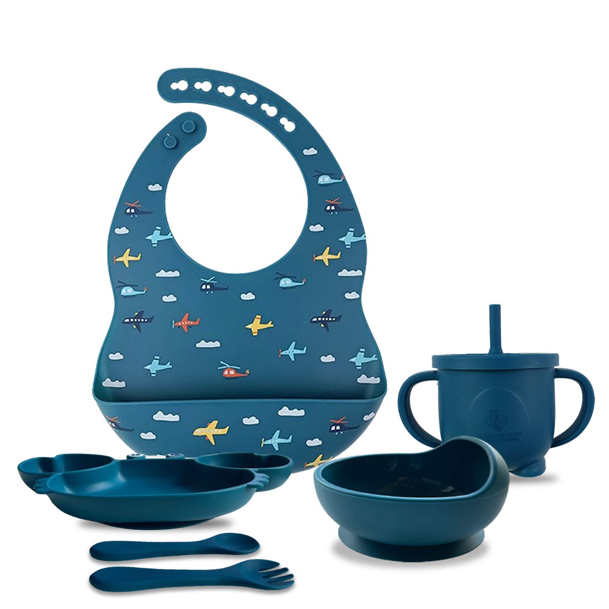 Texas Beauty & Health Azure Adventures Skies | Blue Turquoise Silicone Baby Feeding Set for Boys | Suction Bowl, Divided Plate, Bib, Cup, Spoon, and Fork