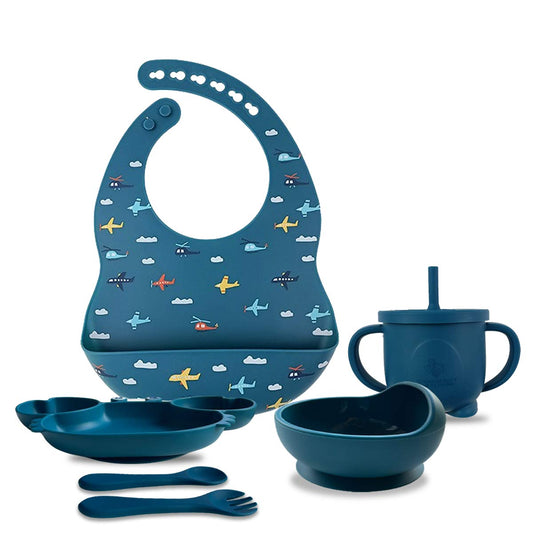 Texas Beauty & Health Azure Adventures Skies | Blue Turquoise Silicone Baby Feeding Set for Boys | Suction Bowl, Divided Plate, Bib, Cup, Spoon, and Fork