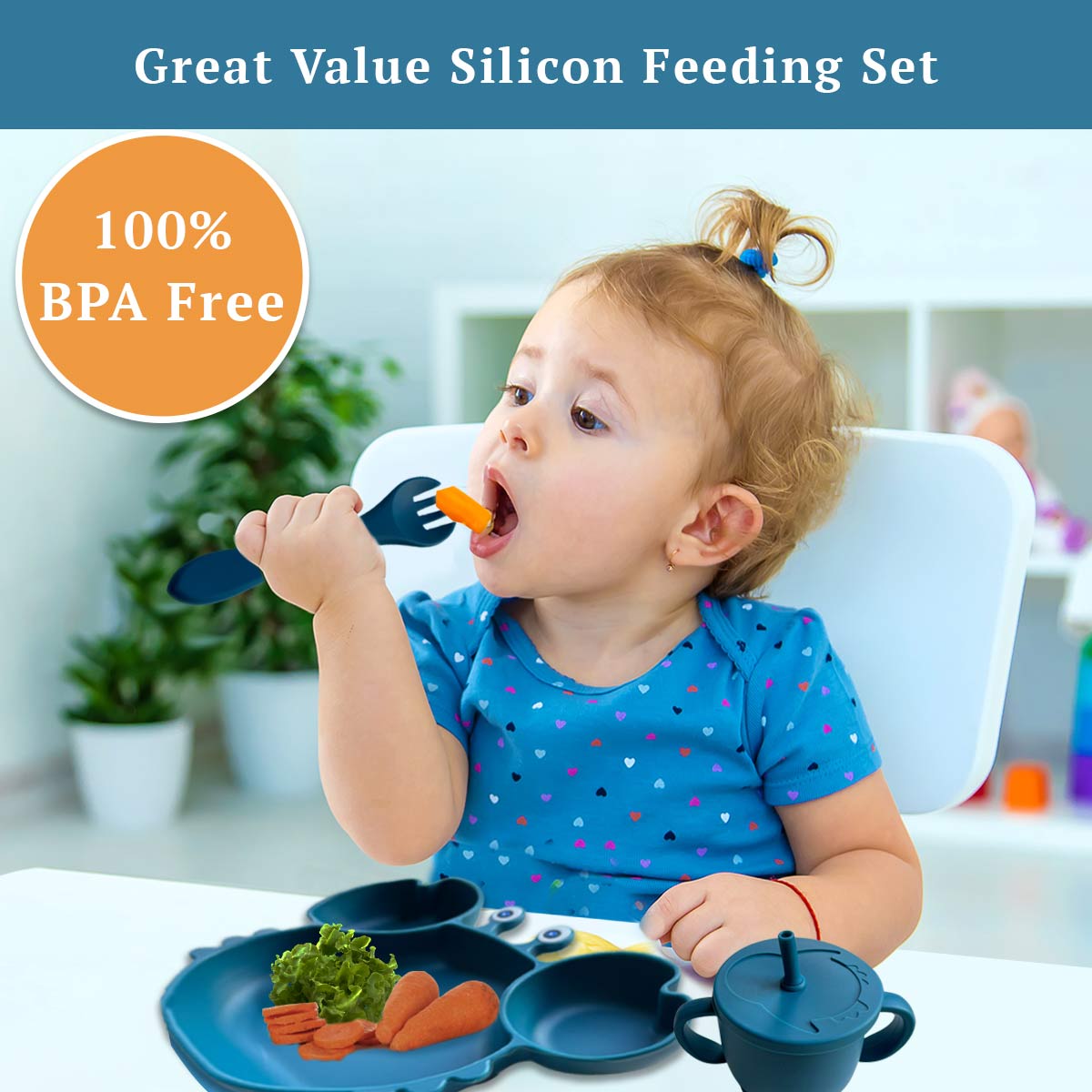 Texas Beauty & Health Azure Adventures Skies | Blue Turquoise Silicone Baby Feeding Set for Boys | Suction Bowl, Divided Plate, Bib, Cup, Spoon, and Fork