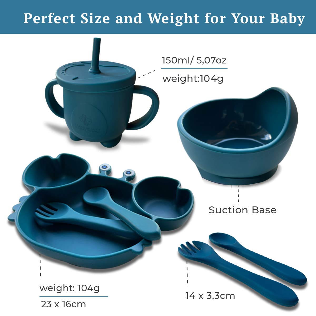 Texas Beauty & Health Azure Adventures Skies | Blue Turquoise Silicone Baby Feeding Set for Boys | Suction Bowl, Divided Plate, Bib, Cup, Spoon, and Fork