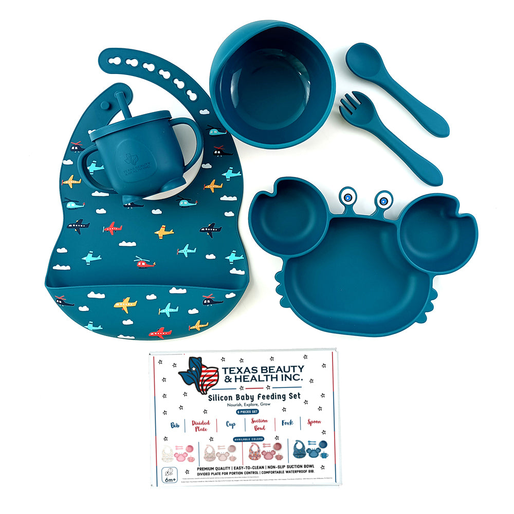 Texas Beauty & Health Azure Adventures Skies | Blue Turquoise Silicone Baby Feeding Set for Boys | Suction Bowl, Divided Plate, Bib, Cup, Spoon, and Fork