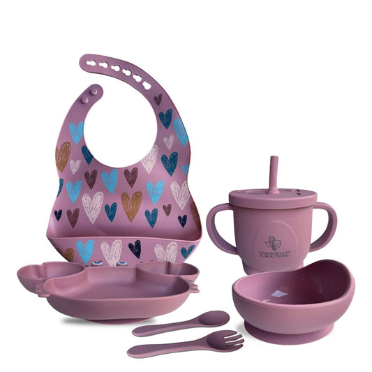 Texas Beauty & Health Gentle Heartfelt Petal | Earth Pink Silicone Baby Feeding Set for Boys | Suction Bowl, Divided Plate, Bib, Cup, Spoon, and Fork