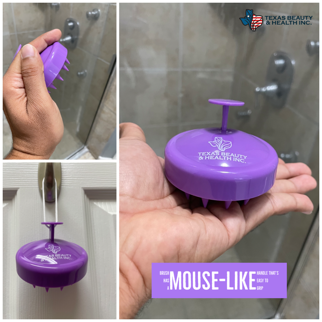 Texas Beauty & Health Scalp Massager Shampoo Brush, Massaging Scrubber with Soft Silicone Bristles for Hair Growth Support & Dandruff Removal Purple