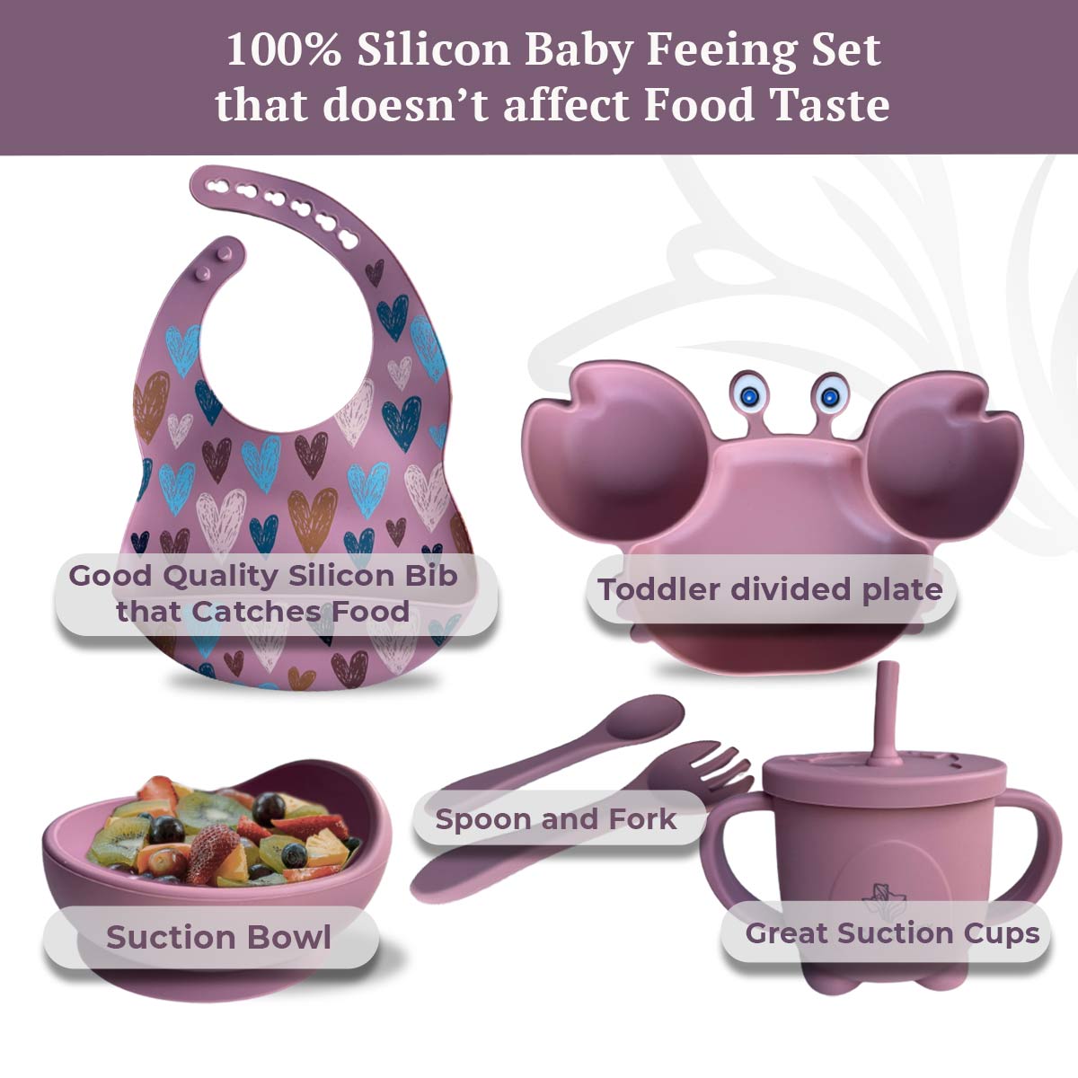 Texas Beauty & Health Gentle Heartfelt Petal | Earth Pink Silicone Baby Feeding Set for Boys | Suction Bowl, Divided Plate, Bib, Cup, Spoon, and Fork
