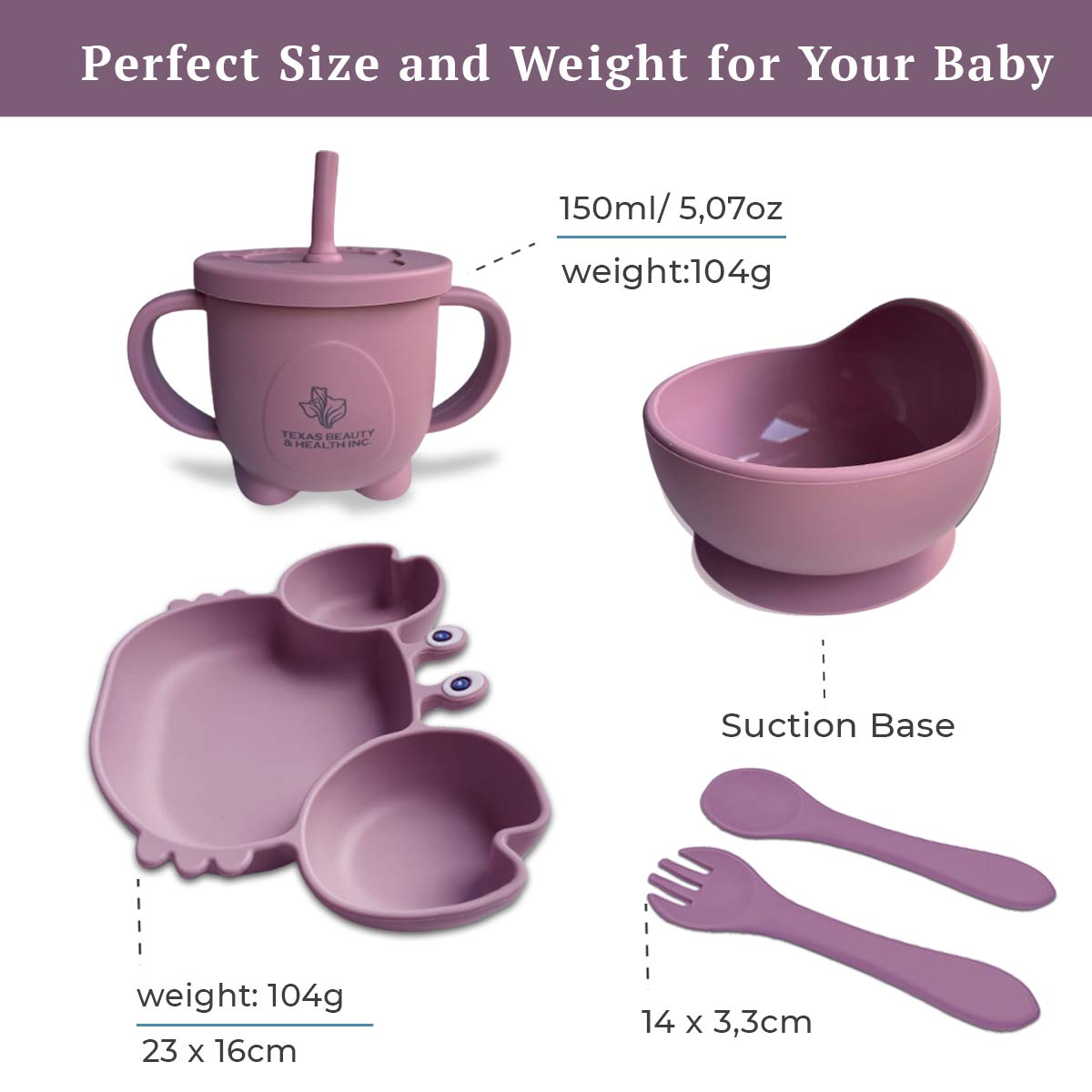Texas Beauty & Health Gentle Heartfelt Petal | Earth Pink Silicone Baby Feeding Set for Boys | Suction Bowl, Divided Plate, Bib, Cup, Spoon, and Fork