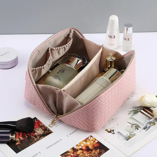 Travel Makeup Bag | Waterproof Portable Pouch | Open Flat Toiletry Bag Make up Organizer with Handle | Large Capacity | Pink Color