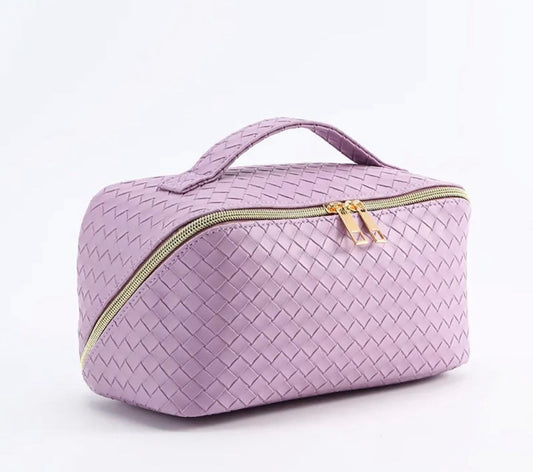 Travel Makeup Bag | Waterproof Portable Pouch | Open Flat Toiletry Bag Make up Organizer with Handle | Large Capacity | Purple Color