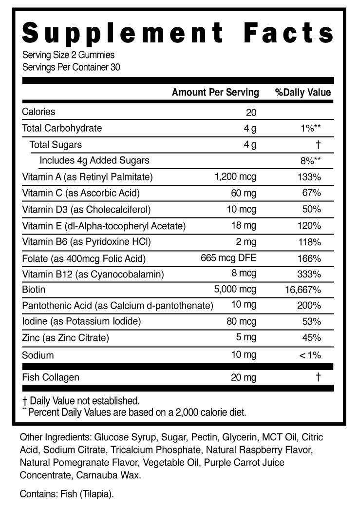 Hair, Skin, and Nails Gummies + Marine Collagen – Natural Raspberry Pomegranate Flavor – Star Shape – Full Complex + 5,000mcg Biotin / Serving – Non-GMO – Gluten-Free
