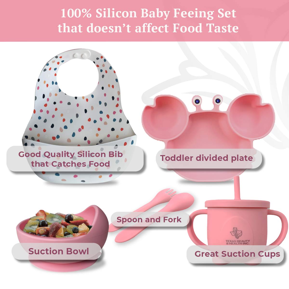 Texas Beauty & Health Princess Blushing Rose | Pink Silicone Baby Feeding Set for Girls | Suction Bowl, Divided Plate, Bib, Cup, Spoon, and Fork
