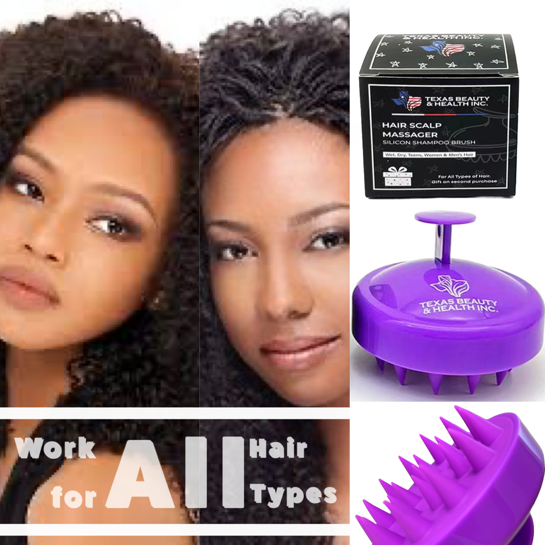 Texas Beauty & Health Scalp Massager Shampoo Brush, Massaging Scrubber with Soft Silicone Bristles for Hair Growth Support & Dandruff Removal Purple