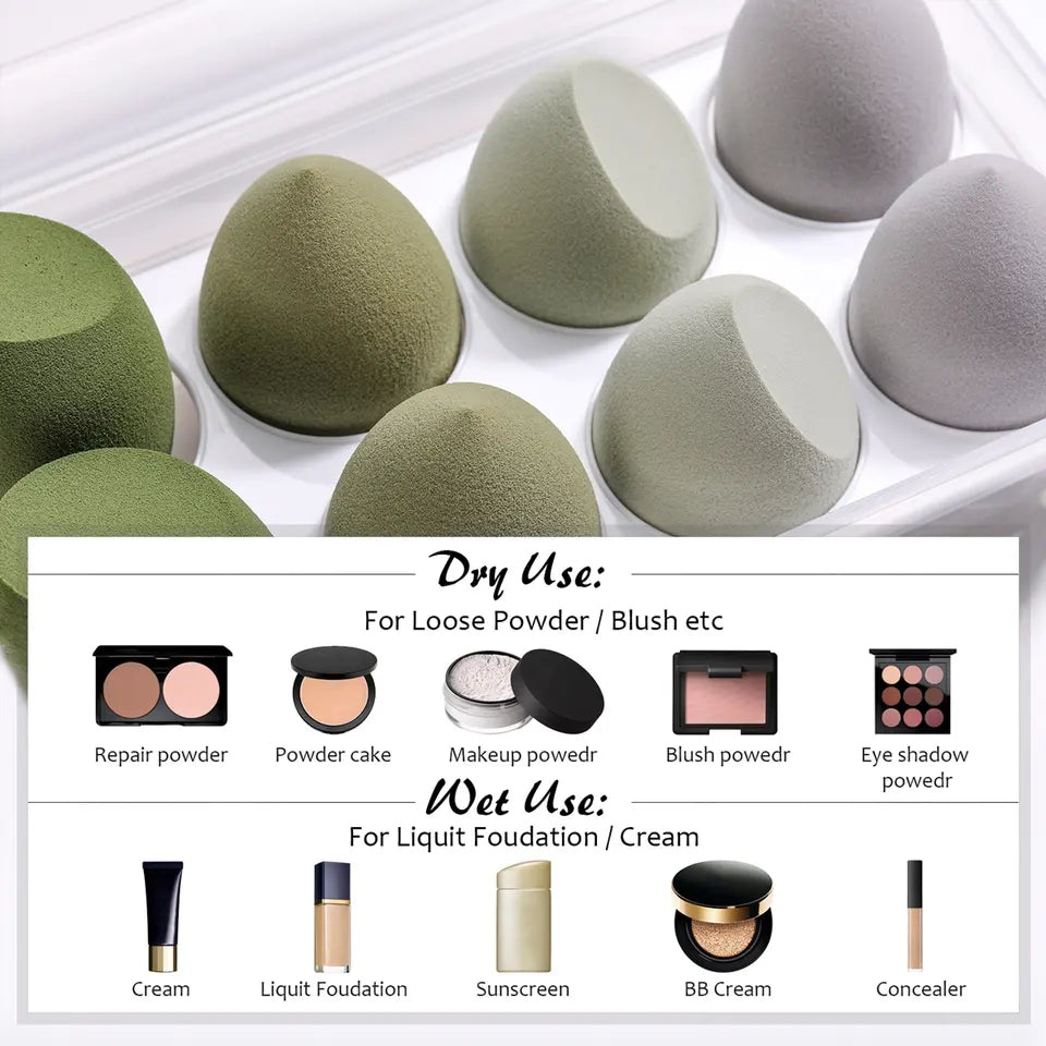 Texas Beauty & Health 8 pcs Super Soft Latex-free Sponge Makeup Blender, Dual Use, Spread and Blend Foundation Green Color