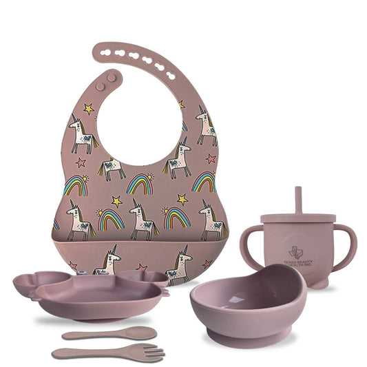 Texas Beauty & Health Rainbow Unicorn Dreams | Light Pink Silicone Baby Feeding Set for Girls | Suction Bowl, Divided Plate, Bib, Cup, Spoon, and Fork