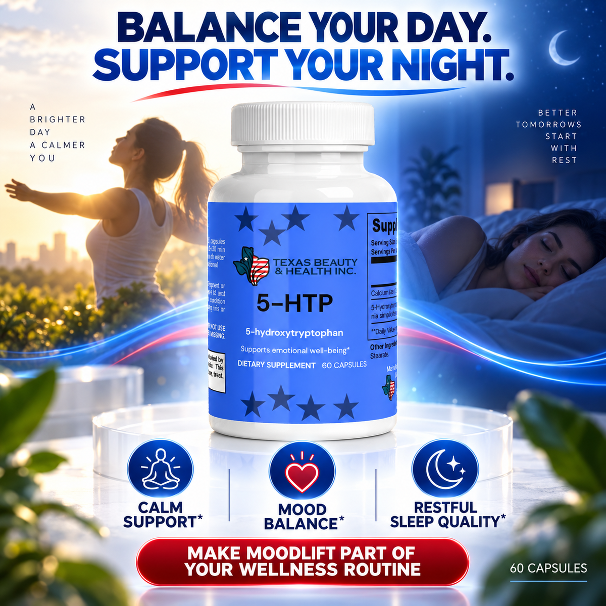Texas Beauty & Health MoodLift 5-HTP Supplement for Mood, Calm & Sleep Support, 60 Capsules