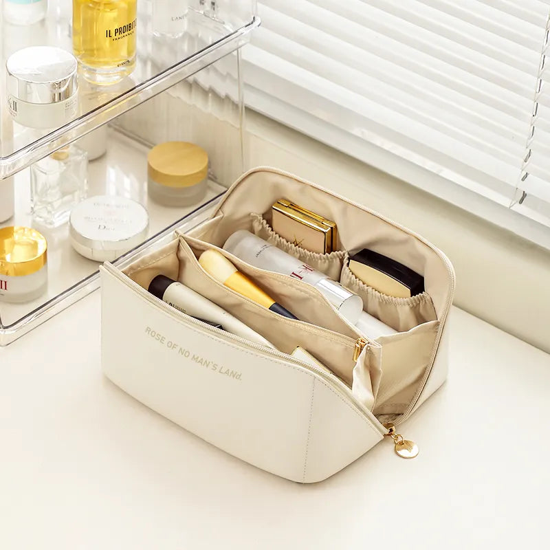 Travel Makeup Bag | Waterproof Portable Pouch | Open Flat Toiletry Bag Make up Organizer with Handle | Large Capacity