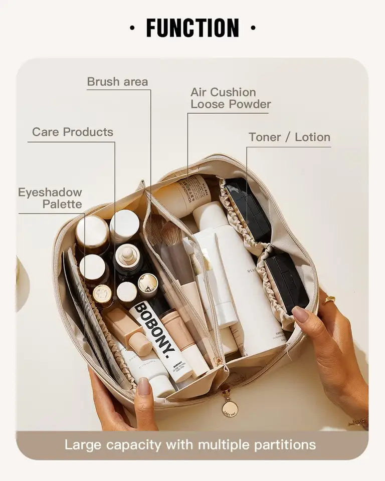 Travel Makeup Bag | Waterproof Portable Pouch | Open Flat Toiletry Bag Make up Organizer with Handle | Large Capacity