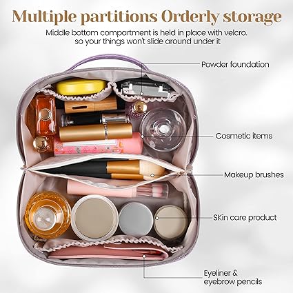 Travel Makeup Bag | Waterproof Portable Pouch | Open Flat Toiletry Bag Make up Organizer with Handle | Large Capacity | Purple Color