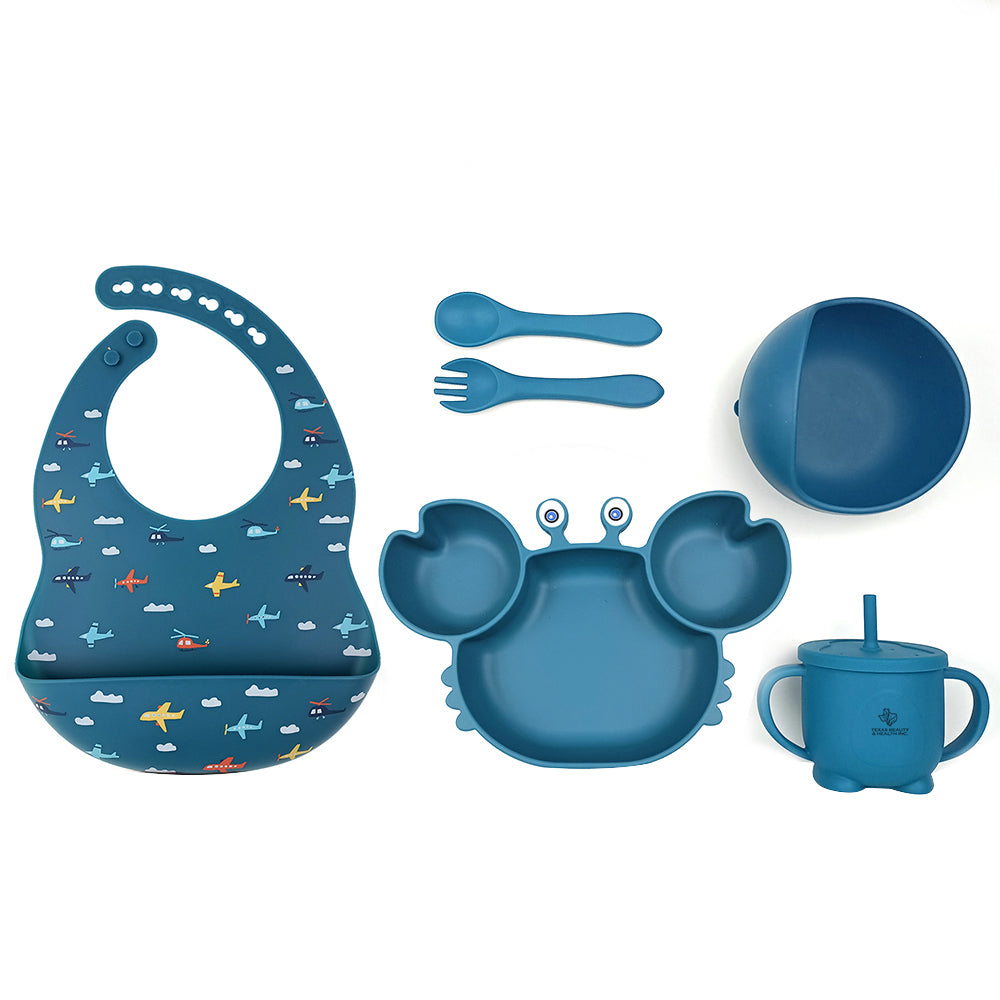 Texas Beauty & Health Azure Adventures Skies | Blue Turquoise Silicone Baby Feeding Set for Boys | Suction Bowl, Divided Plate, Bib, Cup, Spoon, and Fork