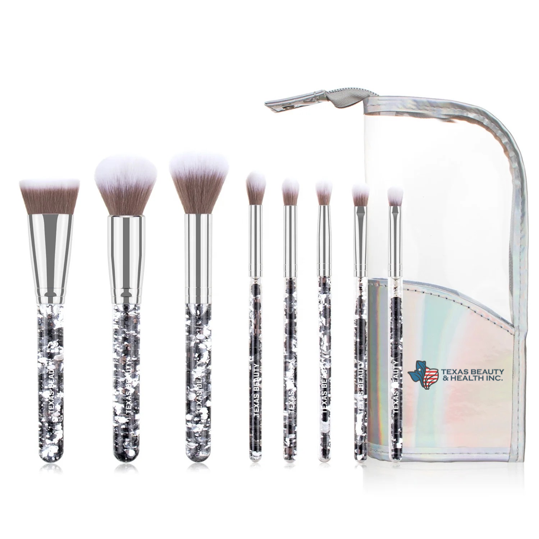8 Pcs Stylish Silver Glitter Handle Makeup Brush Set