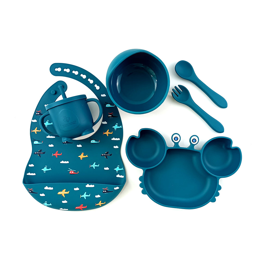 Texas Beauty & Health Azure Adventures Skies | Blue Turquoise Silicone Baby Feeding Set for Boys | Suction Bowl, Divided Plate, Bib, Cup, Spoon, and Fork