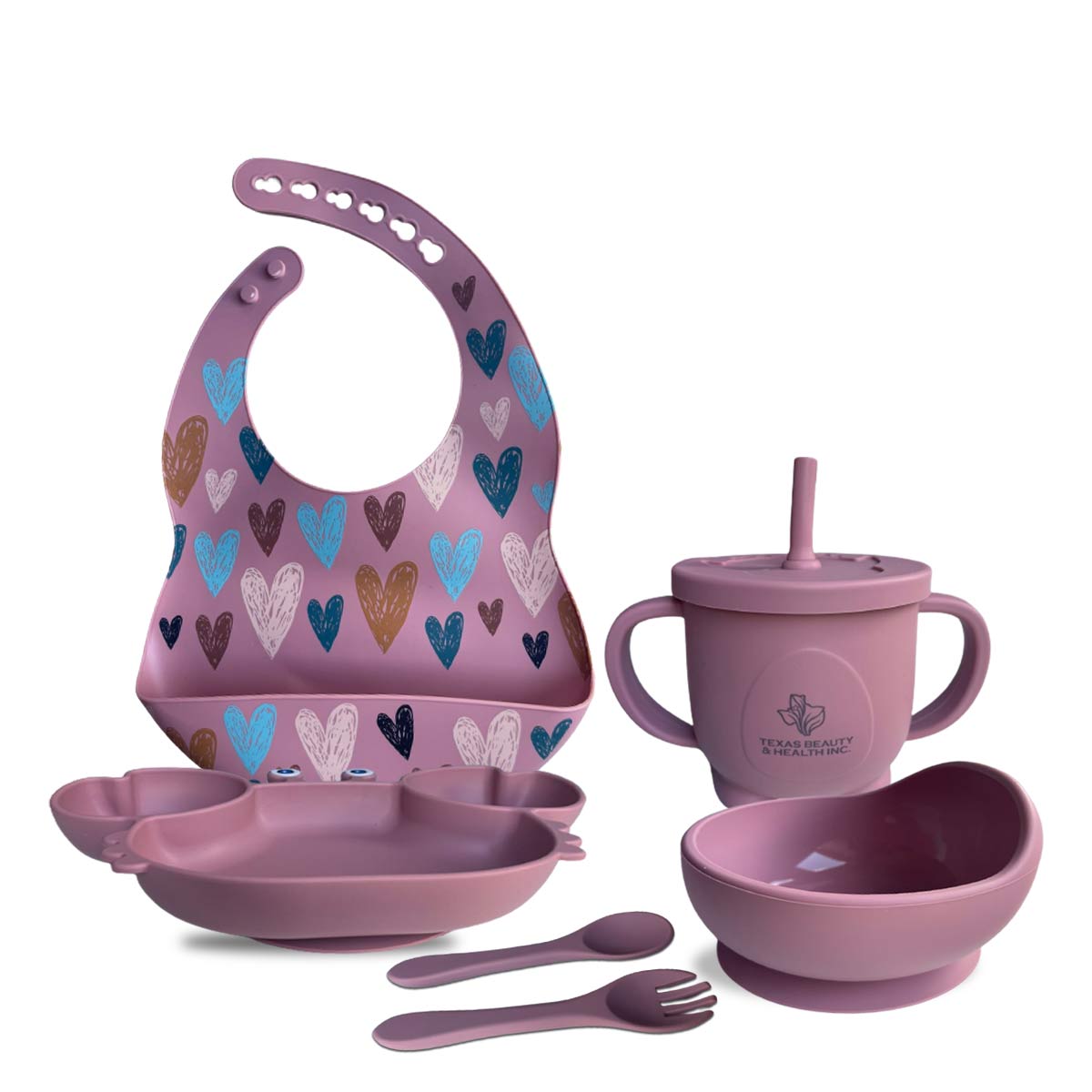 Texas Beauty & Health Gentle Heartfelt Petal | Earth Pink Silicone Baby Feeding Set for Boys | Suction Bowl, Divided Plate, Bib, Cup, Spoon, and Fork