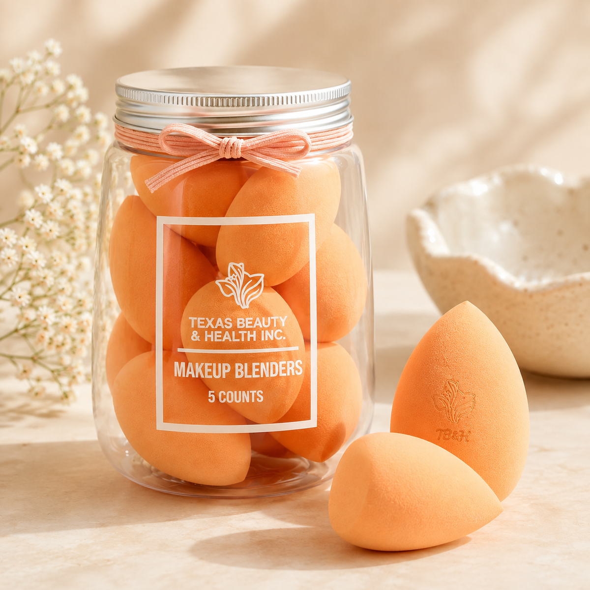 Texas Beauty &amp; Health Makeup Sponges | Foundation Blending Set | 5 Count in Jar – Orange