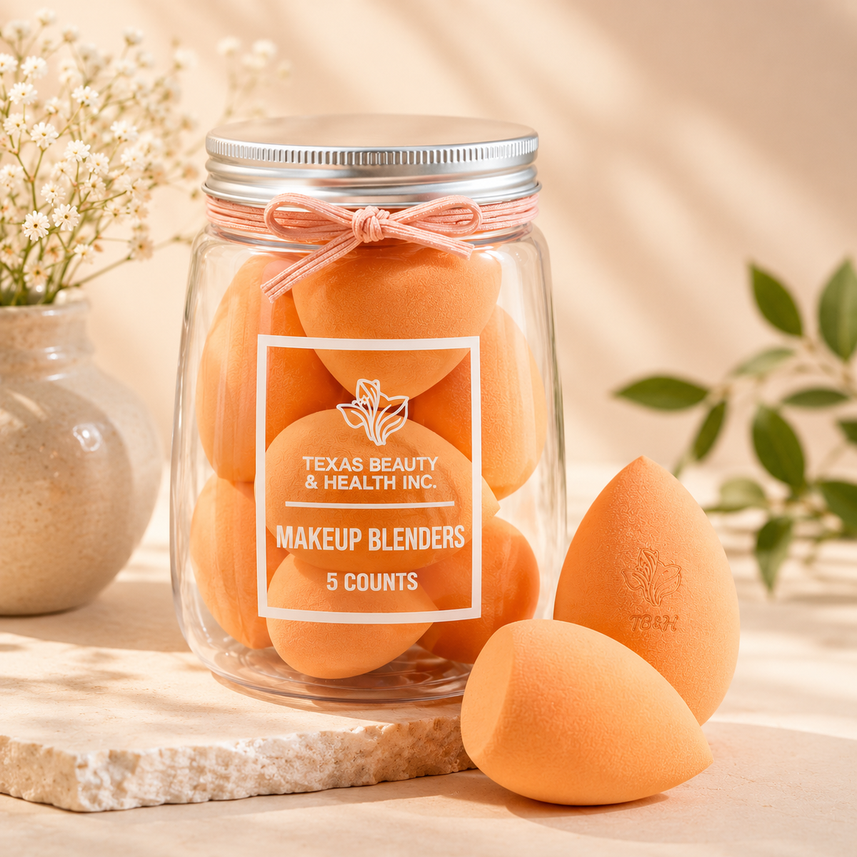 Texas Beauty &amp; Health Makeup Sponges | Foundation Blending Set | 5 Count in Jar – Orange