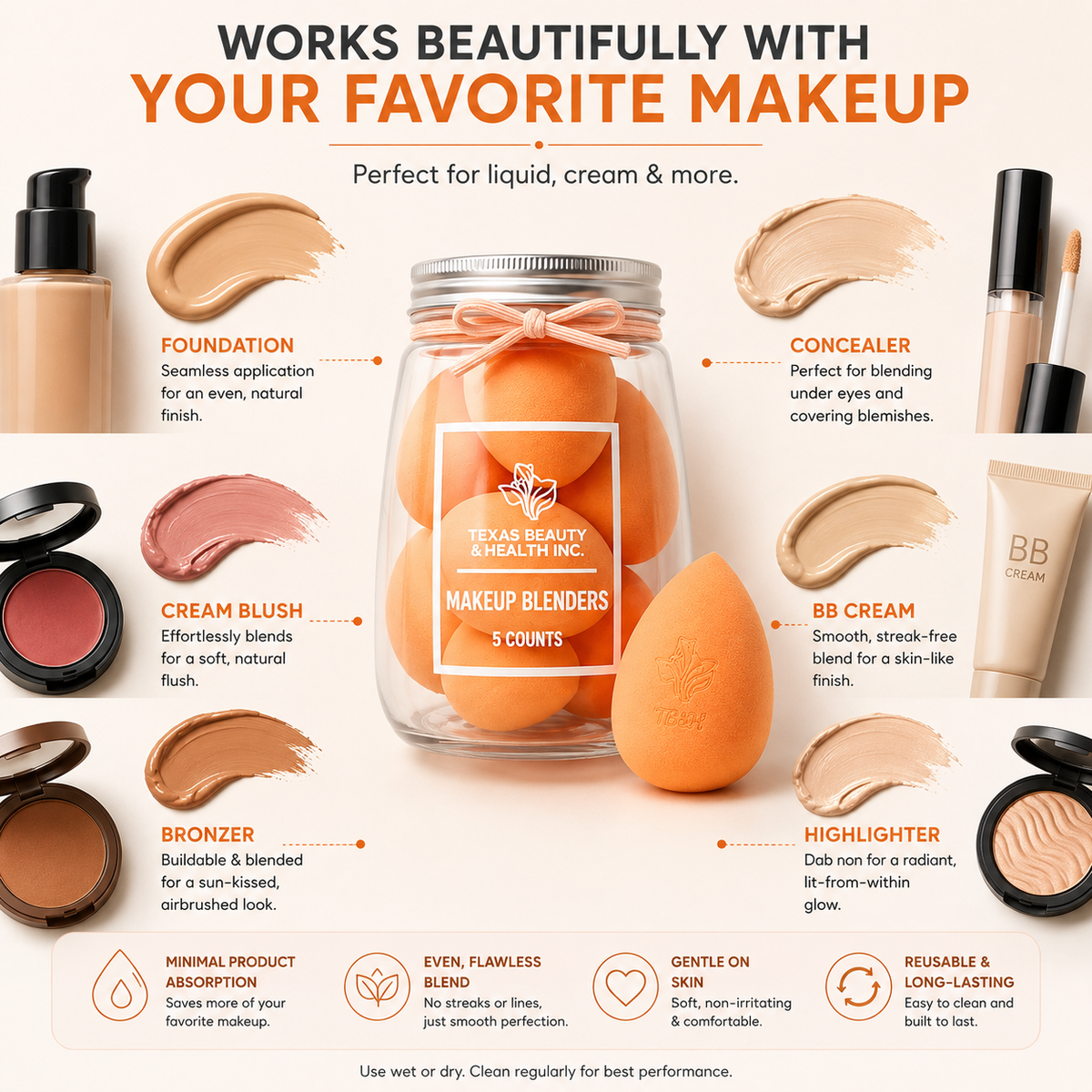 Texas Beauty &amp; Health Makeup Sponges | Foundation Blending Set | 5 Count in Jar – Orange
