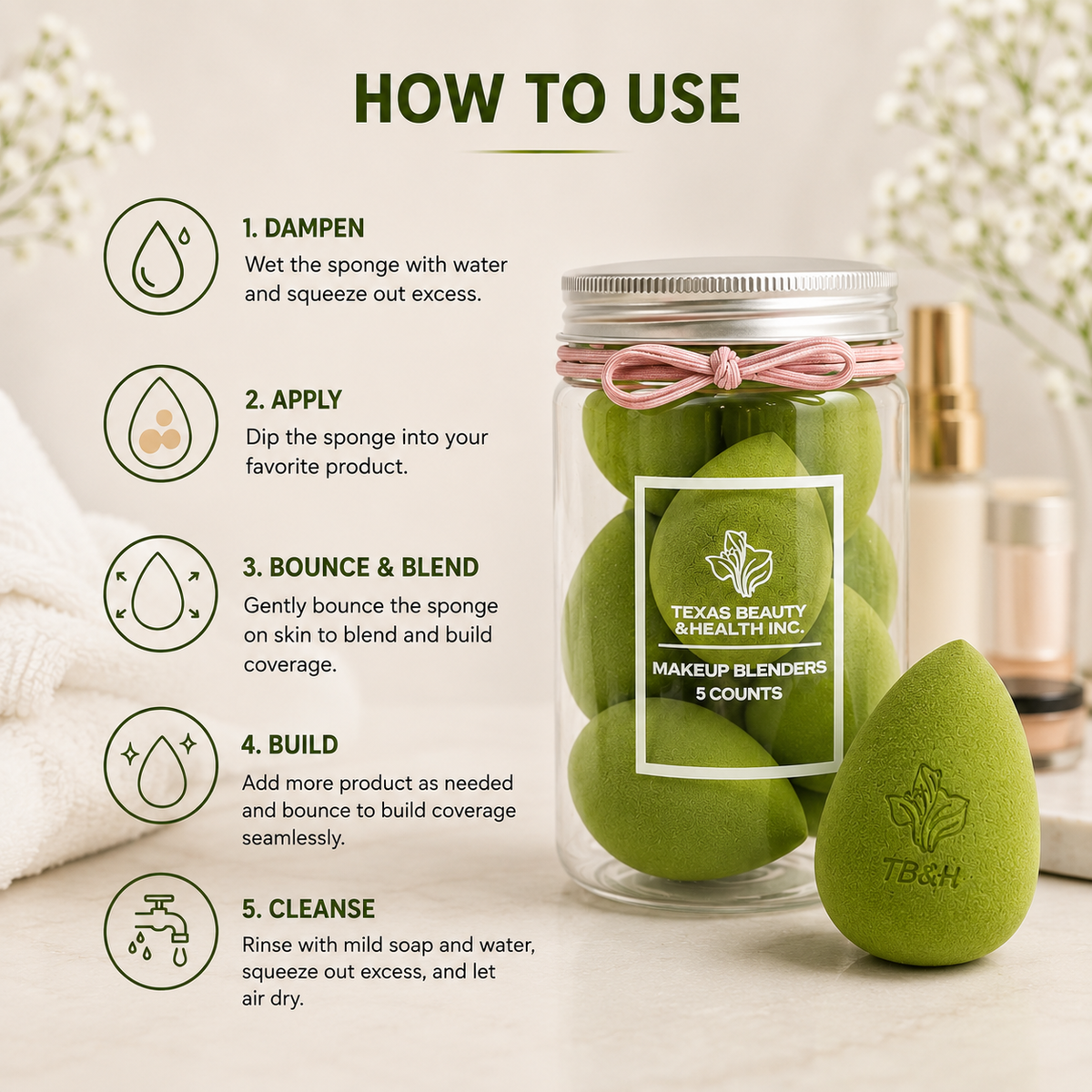 Texas Beauty & Health Makeup Sponges, Foundation Blending, Green