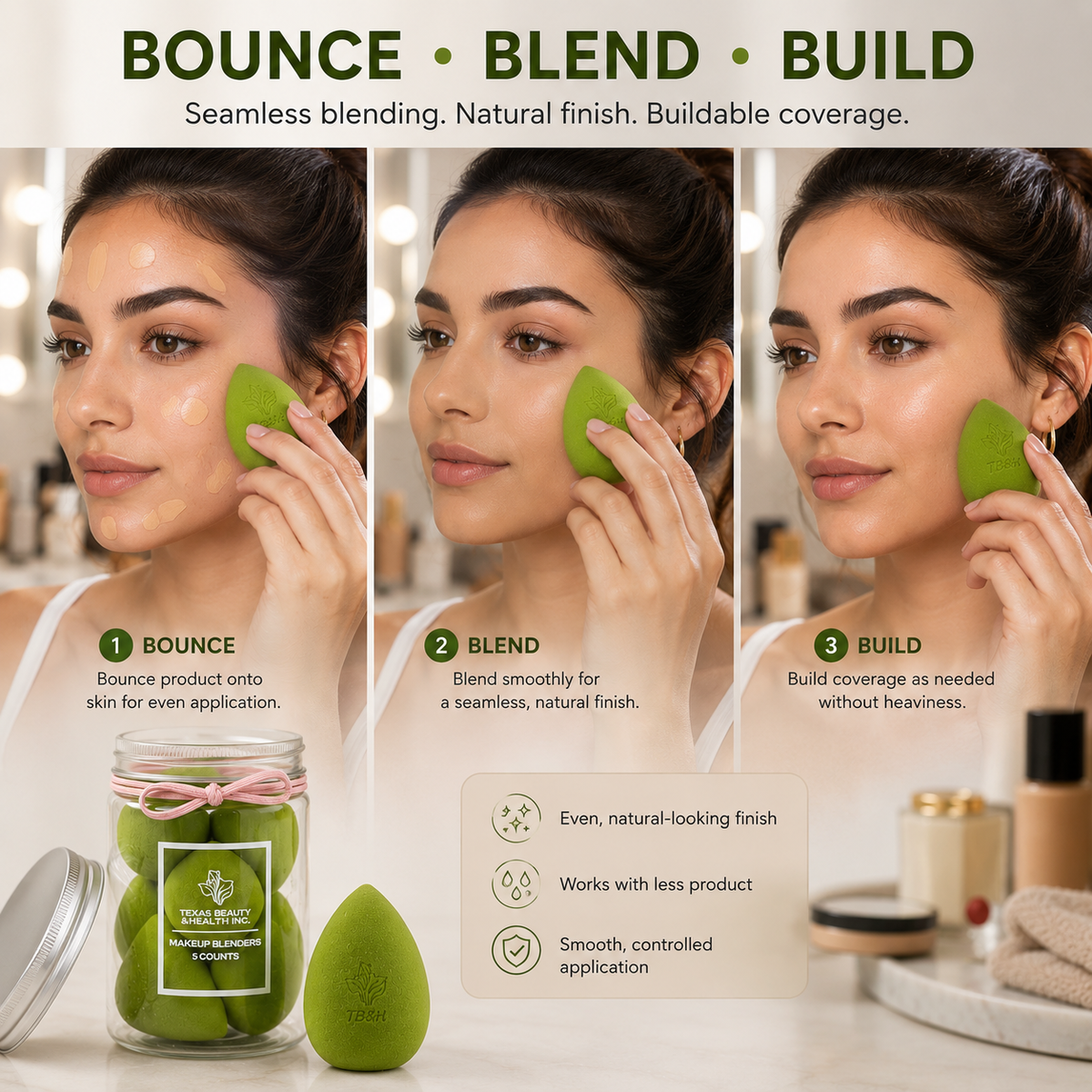 Texas Beauty & Health Makeup Sponges, Foundation Blending, Green