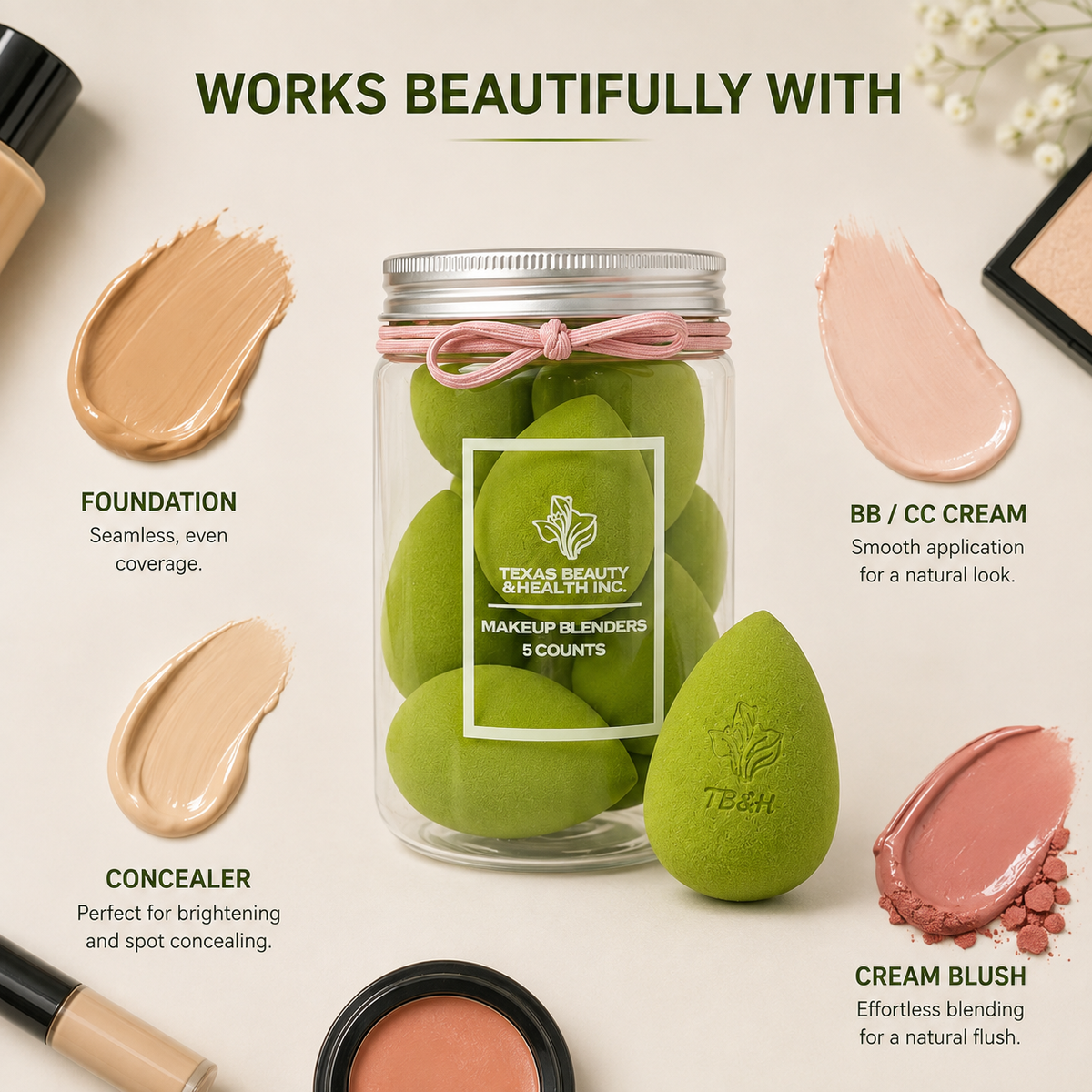 Texas Beauty & Health Makeup Sponges, Foundation Blending, Green