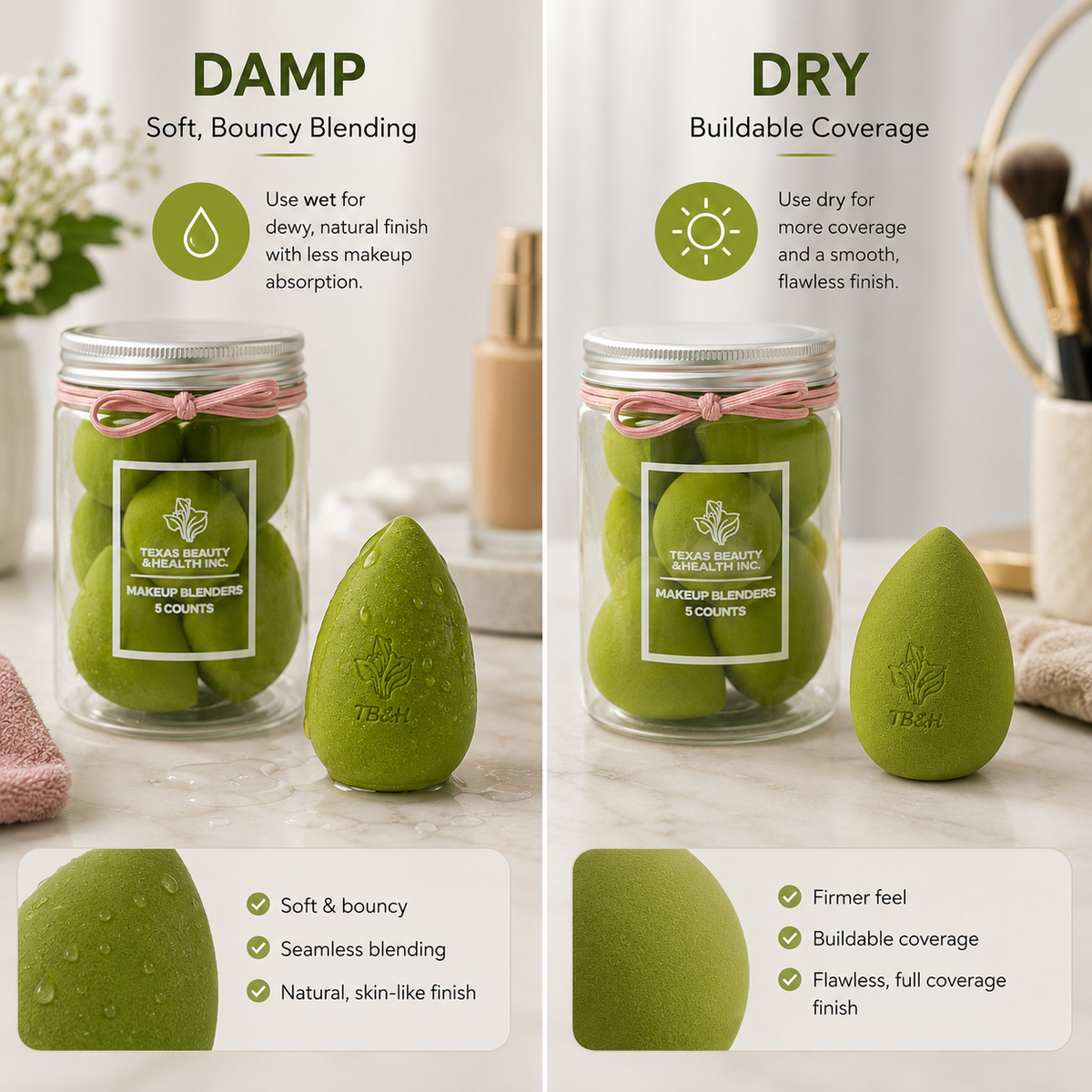 Texas Beauty & Health Makeup Sponges, Foundation Blending, Green