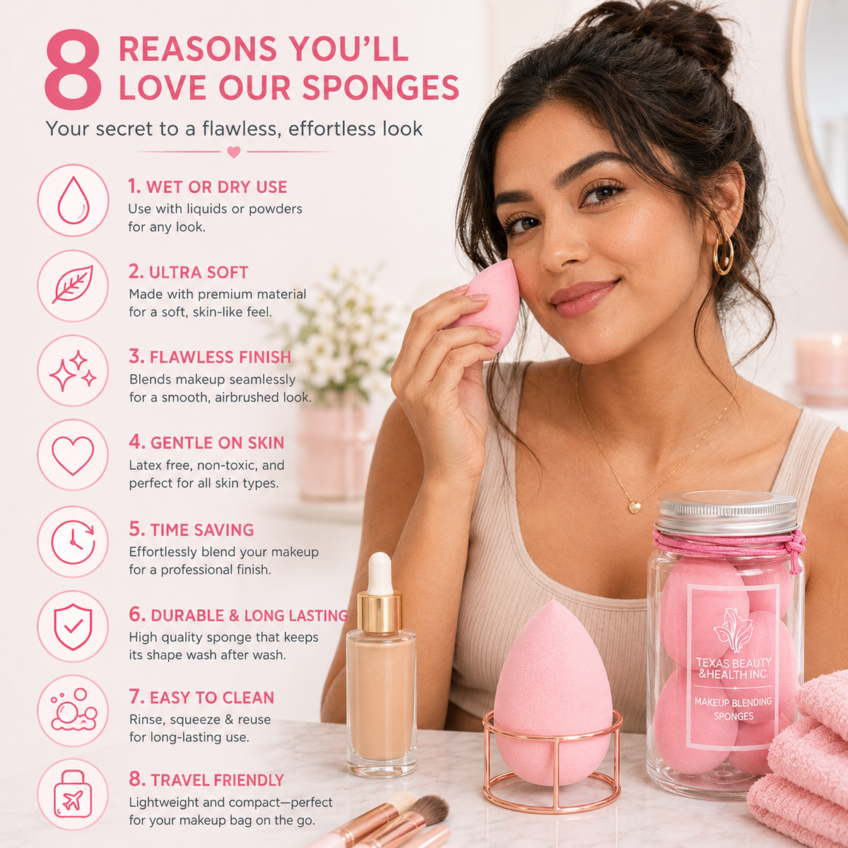 Texas Beauty & Health Makeup Sponges, Foundation Blending, Light-Pink