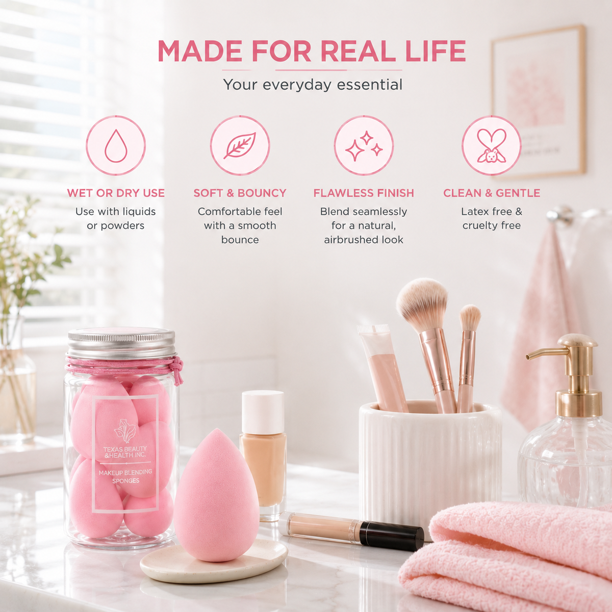 Texas Beauty & Health Makeup Sponges, Foundation Blending, Light-Pink