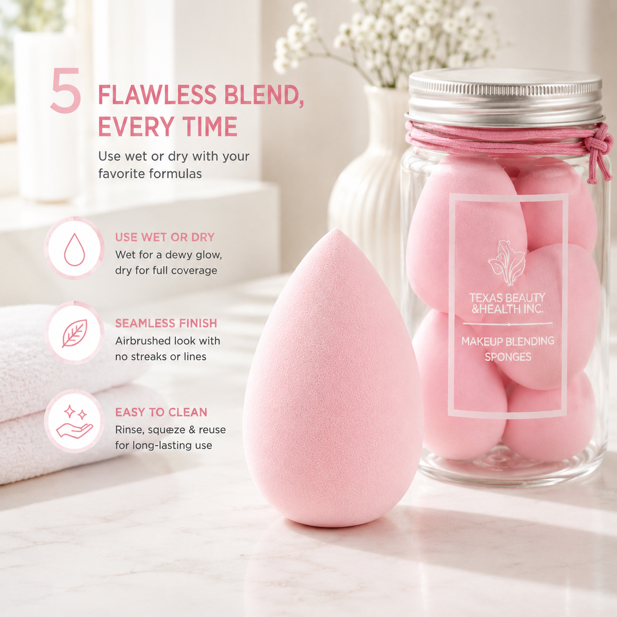 Texas Beauty & Health Makeup Sponges, Foundation Blending, Light-Pink