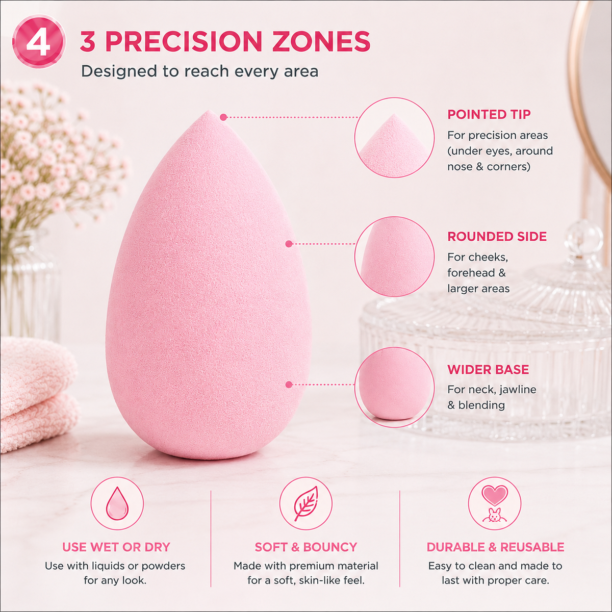 Texas Beauty & Health Makeup Sponges, Foundation Blending, Light-Pink