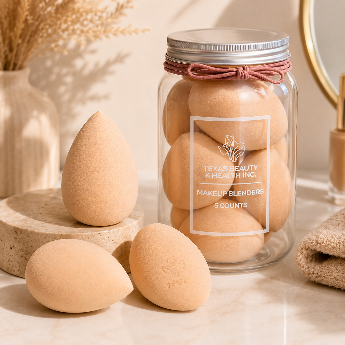 Texas Beauty & Health Super Soft Makeup Sponge Set in Travel Jar | Nude Color | Flawless Foundation Blending