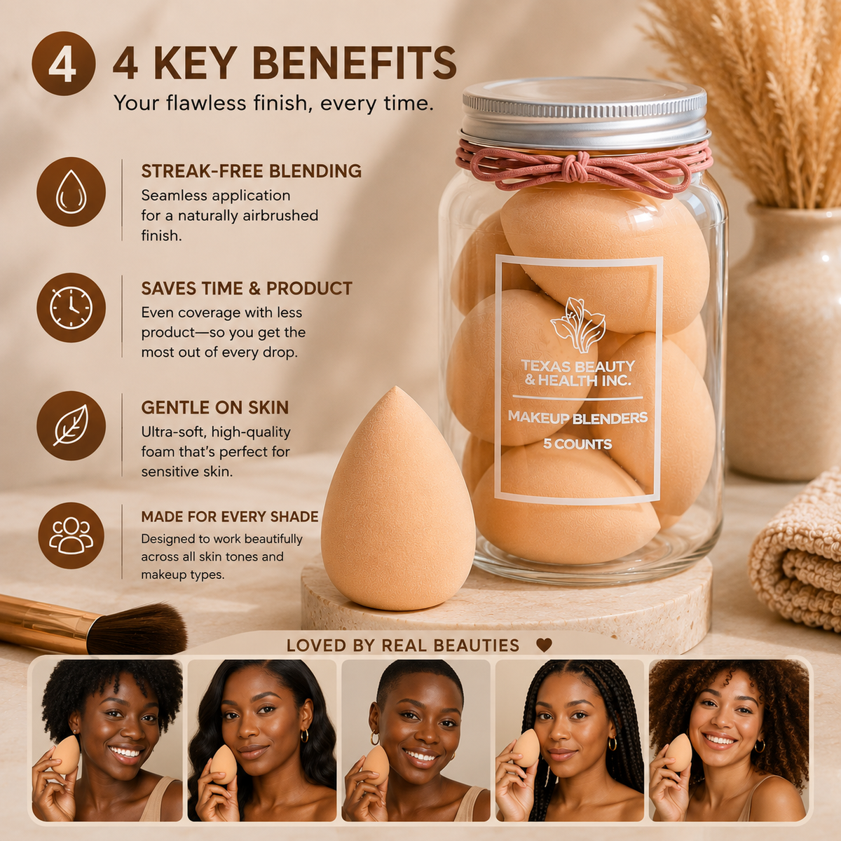 Texas Beauty & Health Super Soft Makeup Sponge Set in Travel Jar | Nude Color | Flawless Foundation Blending