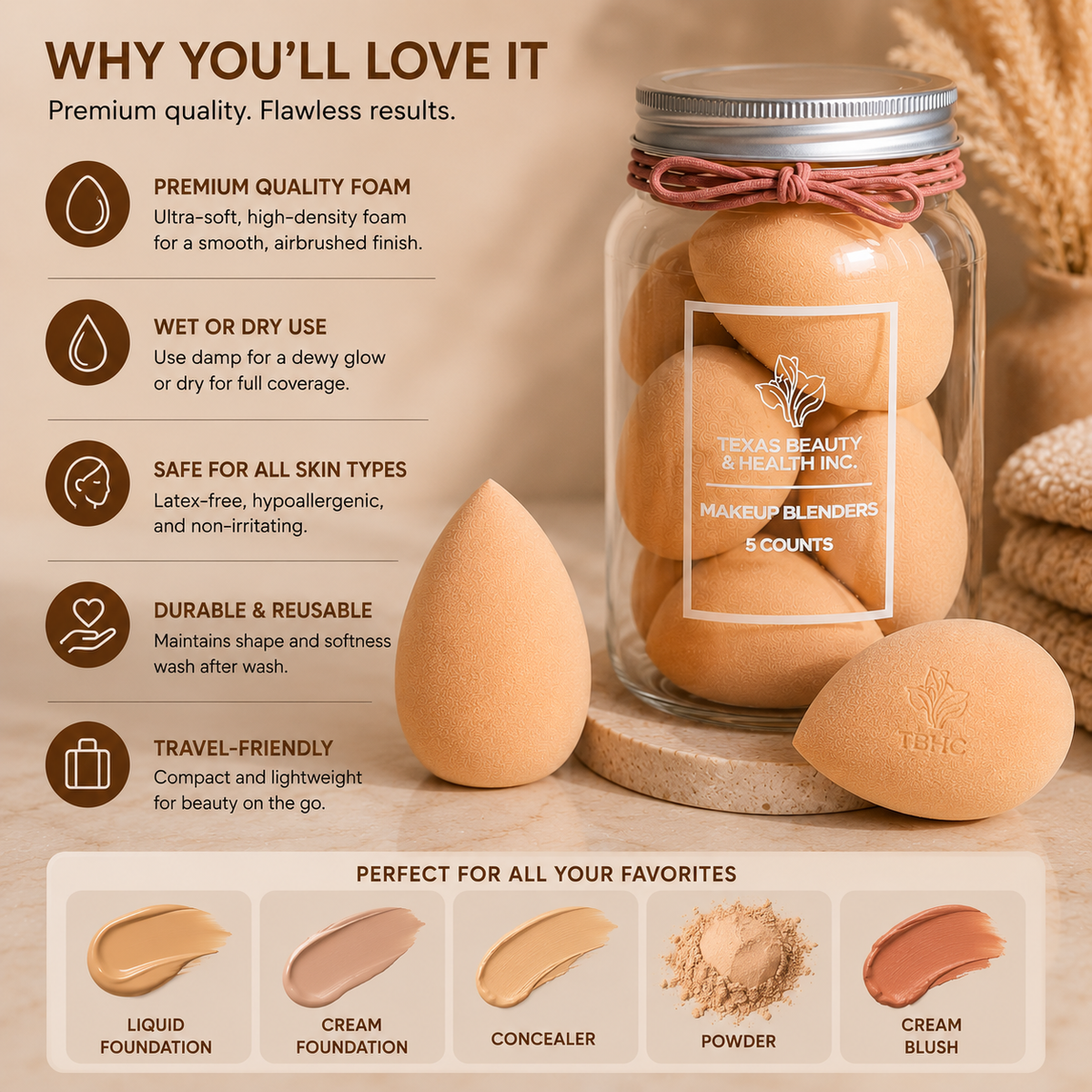 Texas Beauty & Health Super Soft Makeup Sponge Set in Travel Jar | Nude Color | Flawless Foundation Blending