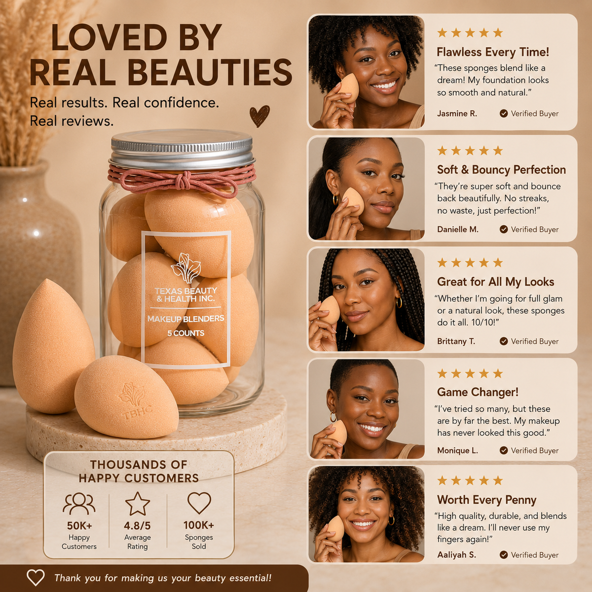 Texas Beauty & Health Super Soft Makeup Sponge Set in Travel Jar | Nude Color | Flawless Foundation Blending