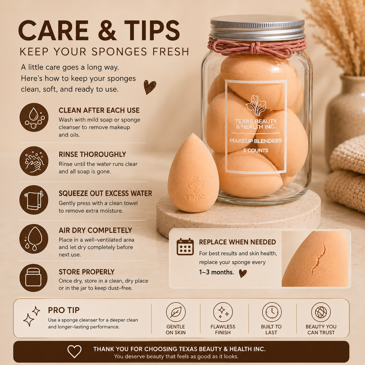 Texas Beauty & Health Super Soft Makeup Sponge Set in Travel Jar | Nude Color | Flawless Foundation Blending