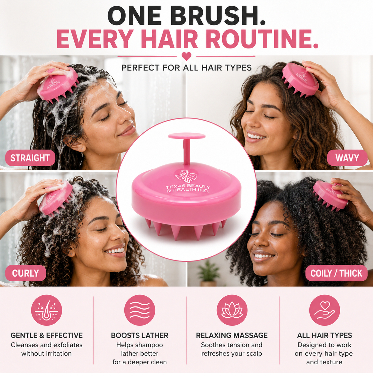 Texas Beauty & Health Scalp Massager Shampoo Brush, Massaging Scrubber with Soft Silicone Bristles for Hair Growth Support & Dandruff Removal (Pink)