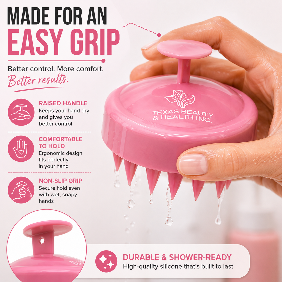Texas Beauty & Health Scalp Massager Shampoo Brush, Massaging Scrubber with Soft Silicone Bristles for Hair Growth Support & Dandruff Removal (Pink)