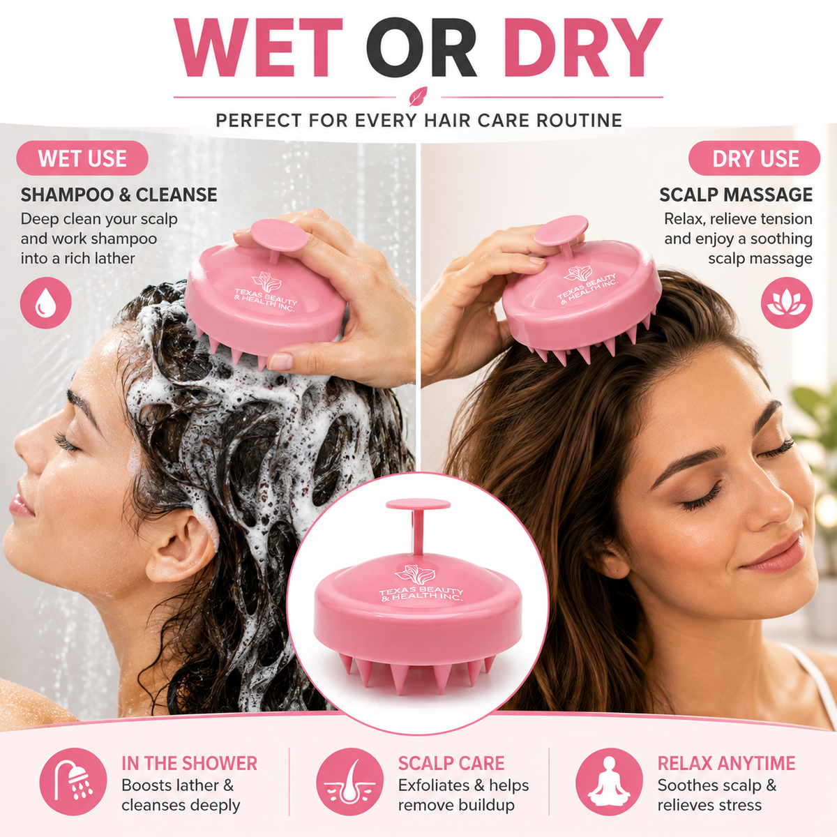 Texas Beauty & Health Scalp Massager Shampoo Brush, Massaging Scrubber with Soft Silicone Bristles for Hair Growth Support & Dandruff Removal (Pink)