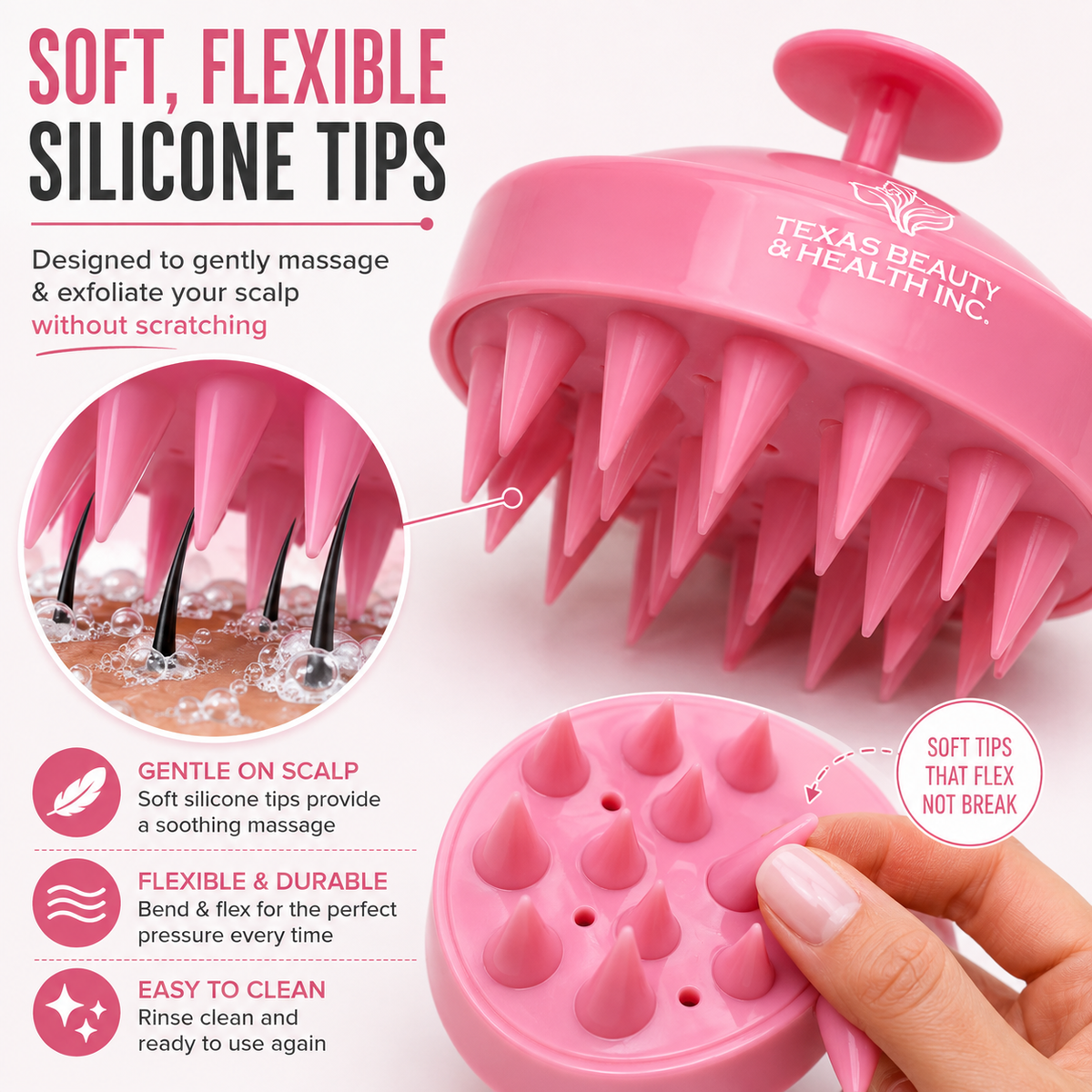 Texas Beauty & Health Scalp Massager Shampoo Brush, Massaging Scrubber with Soft Silicone Bristles for Hair Growth Support & Dandruff Removal (Pink)