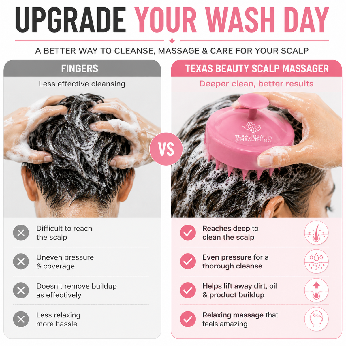 Texas Beauty & Health Scalp Massager Shampoo Brush, Massaging Scrubber with Soft Silicone Bristles for Hair Growth Support & Dandruff Removal (Pink)
