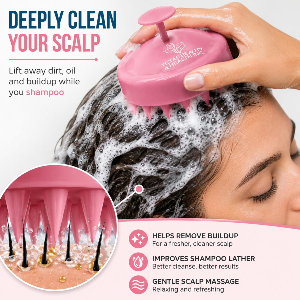 Texas Beauty & Health Scalp Massager Shampoo Brush, Massaging Scrubber with Soft Silicone Bristles for Hair Growth Support & Dandruff Removal (Pink)