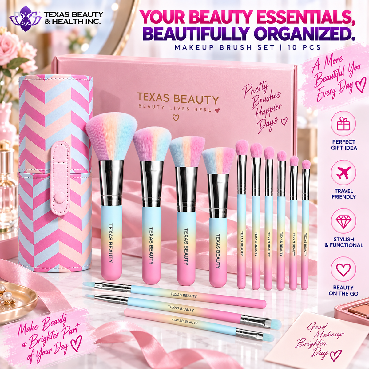 Texas Beauty 10-Piece Colorful Makeup Brush Set with Travel Case – Soft Synthetic Face & Eye Brushes