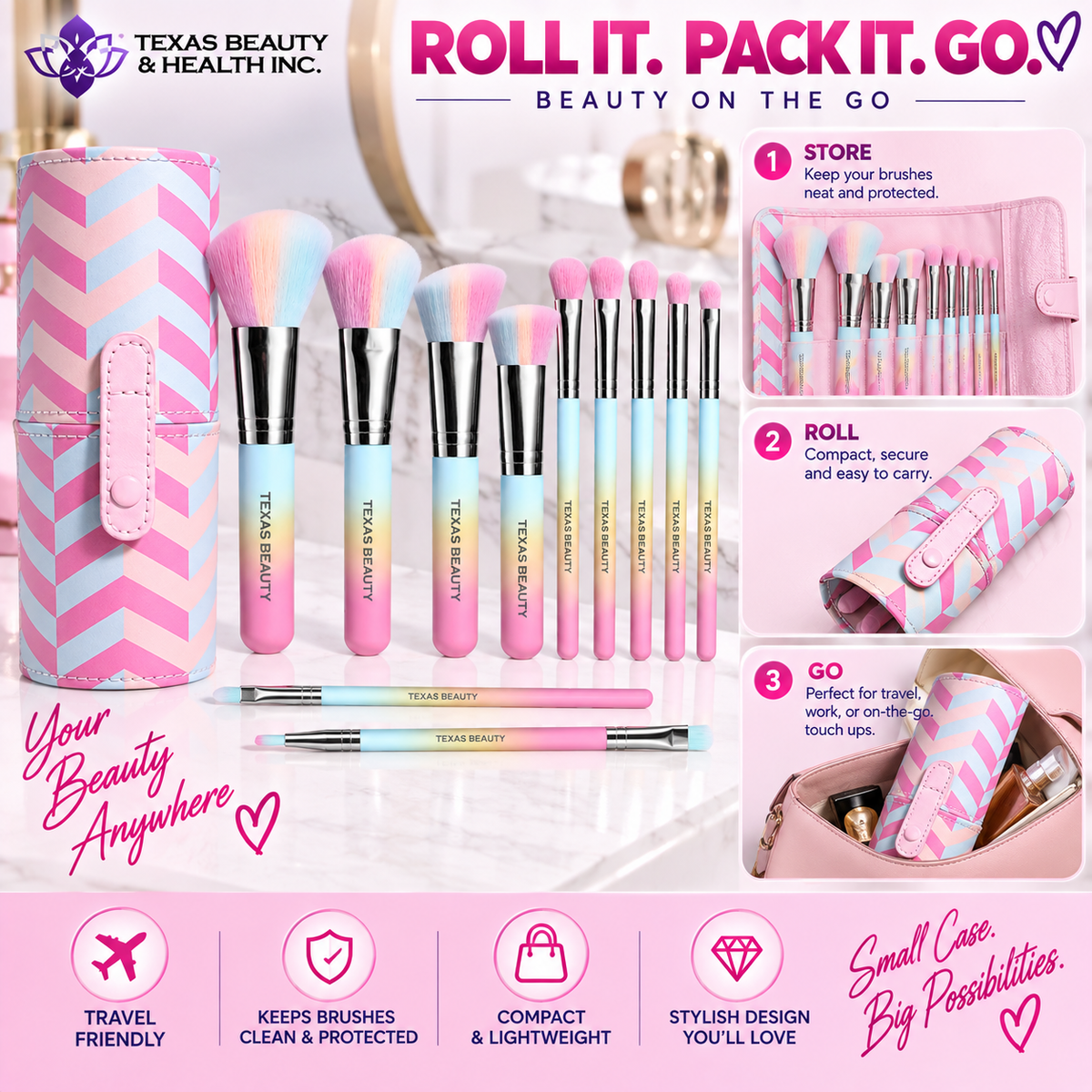 Texas Beauty 10-Piece Colorful Makeup Brush Set with Travel Case – Soft Synthetic Face & Eye Brushes