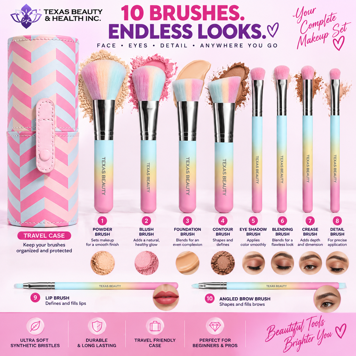 Texas Beauty 10-Piece Colorful Makeup Brush Set with Travel Case – Soft Synthetic Face & Eye Brushes