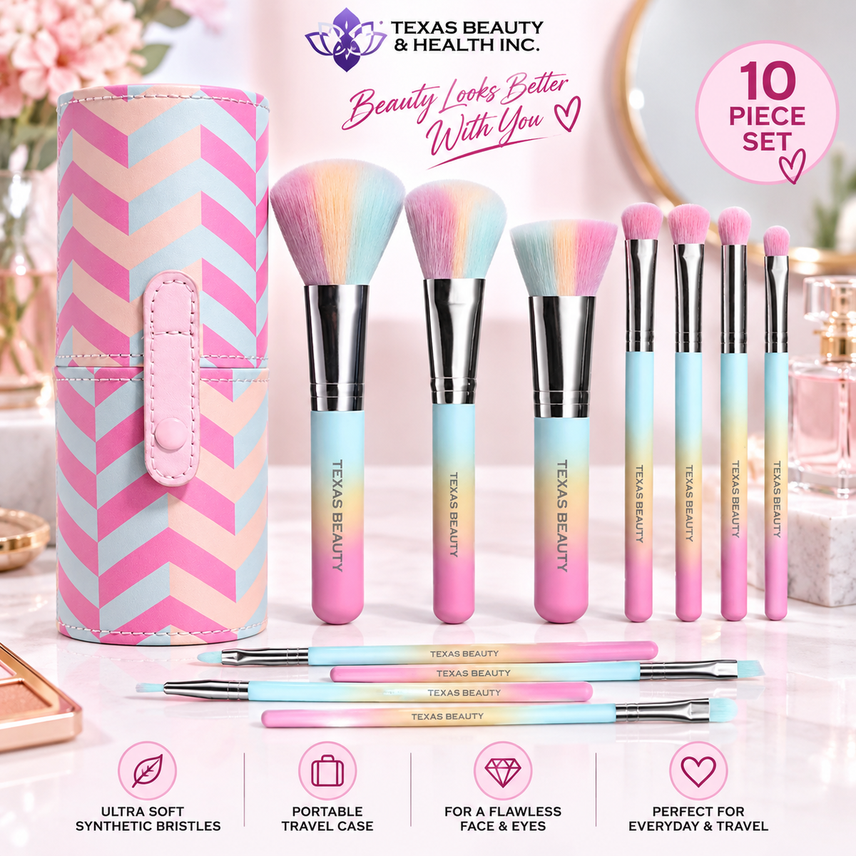 Texas Beauty 10-Piece Colorful Makeup Brush Set with Travel Case – Soft Synthetic Face & Eye Brushes